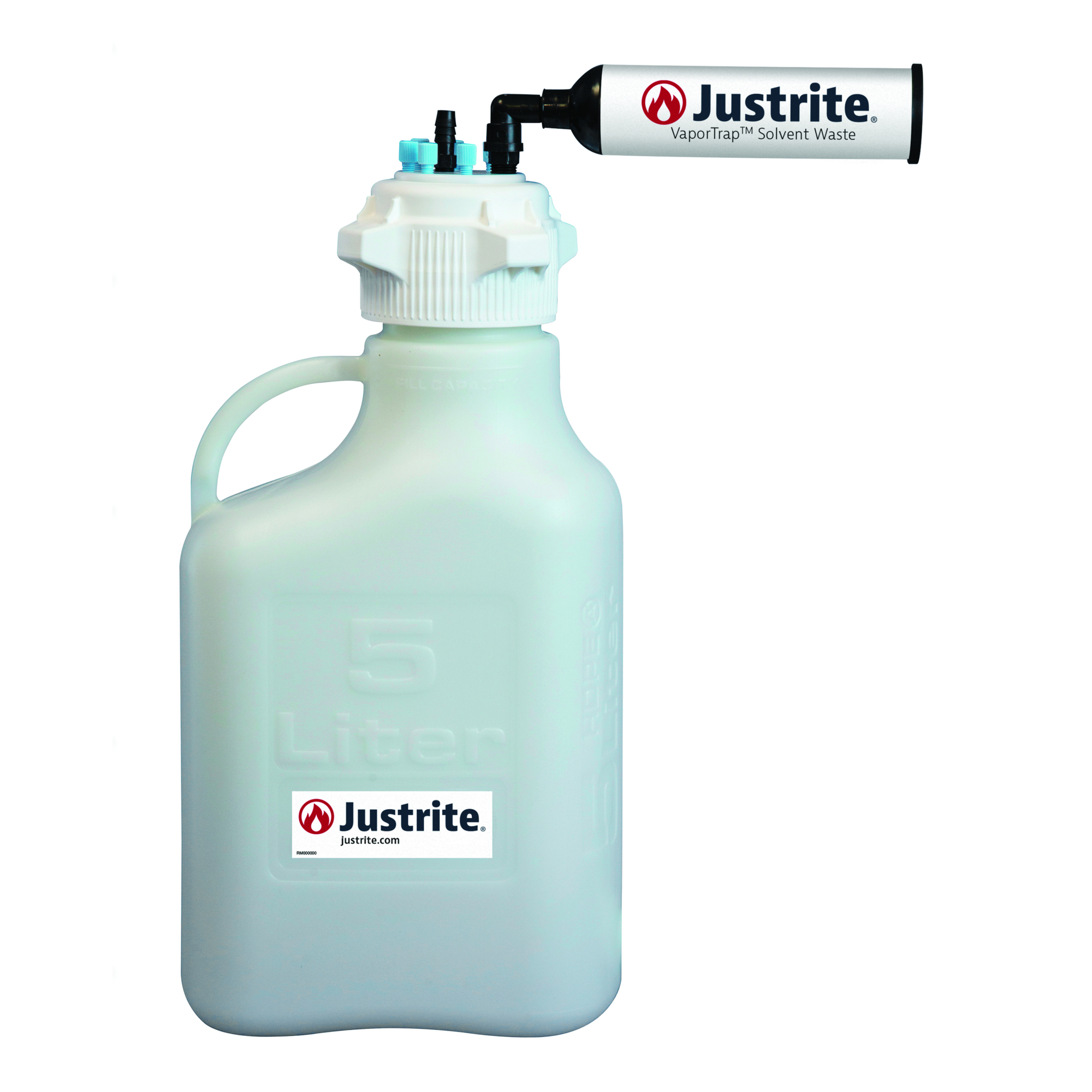 Justrite VaporTrap Carboy with Filter Kit — 5 Liter, HDPE, 83mm Cap, 6 Ports for 1/8in. Tubing, 1 Port for 1/4in. or 3/8in. Hose Barb, Model# 12806